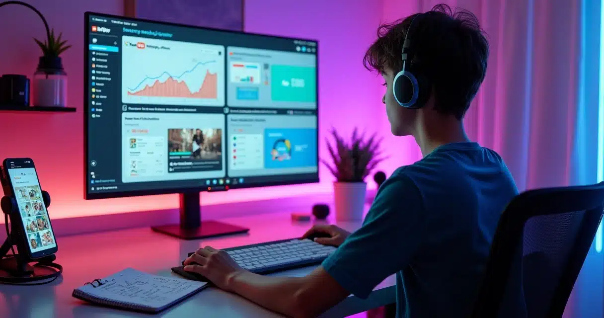 Criador de conteúdo analisando ganhos de vídeos em várias plataformas sociais