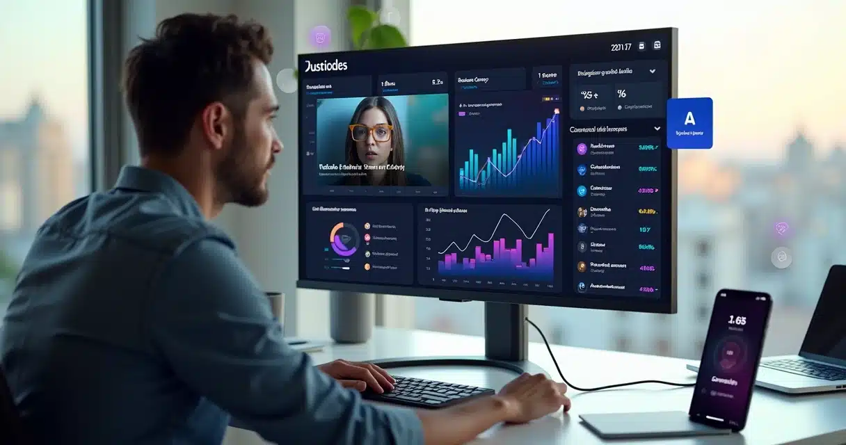 Criador de conteúdo ajustando título de clipe curto em painel com gráficos de visualizações