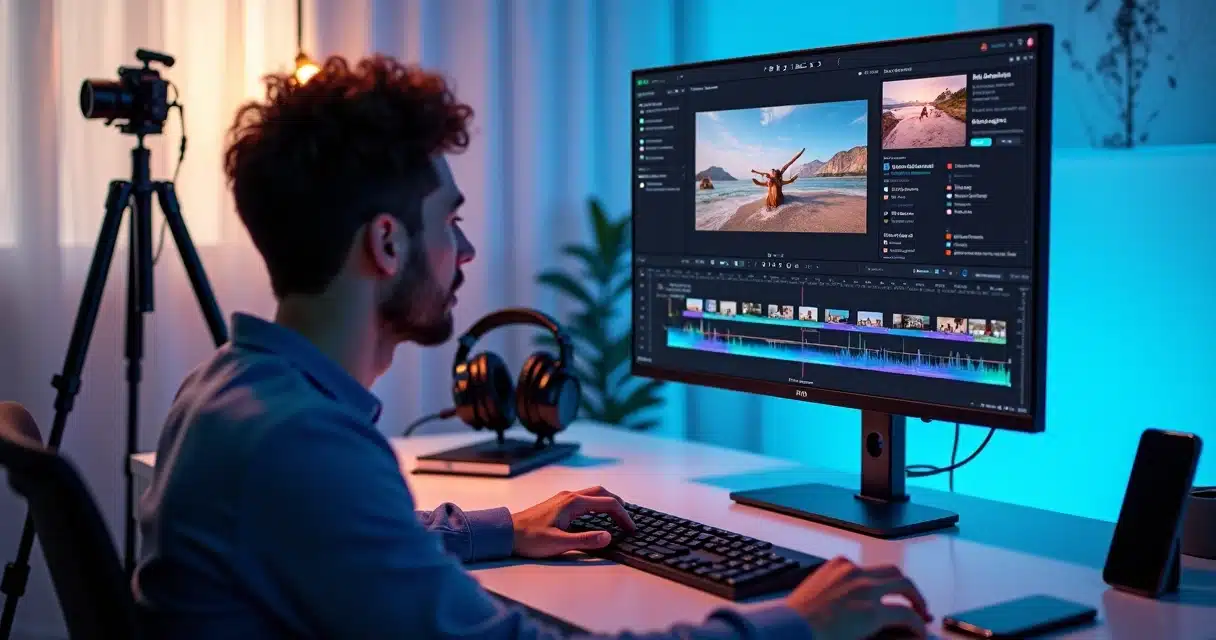 Criador de conteúdo editando vídeo longo em cortes curtos com painel de IA na tela