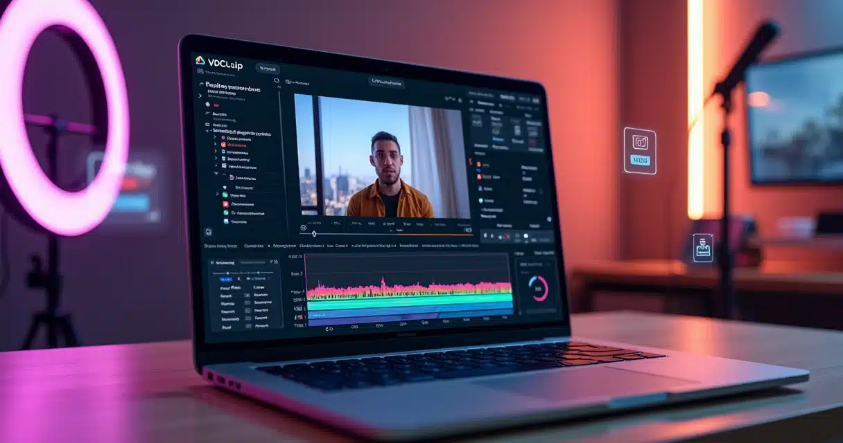 Tela de editor online VDClip com cortes de vídeo e redes sociais ao fundo