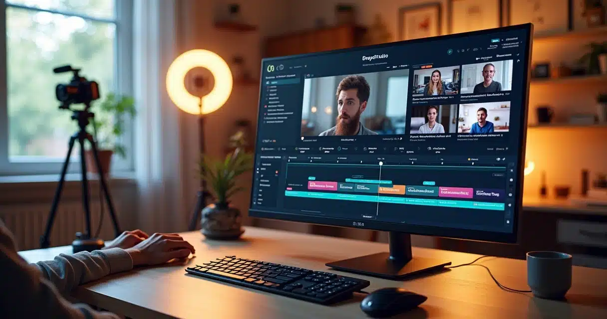 Editor de vídeo com IA transformando entrevista longa em vários clipes verticais para redes sociais