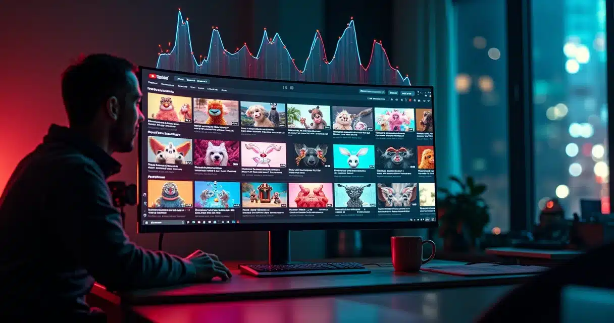 Painel com vídeos gerados por IA dominando a tela do YouTube e gráficos de crescimento ao fundo