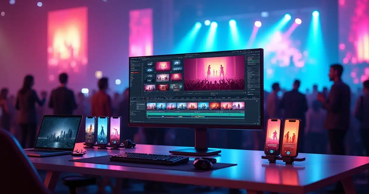Editor de vídeo exibindo cortes verticais de um evento em várias telas de celular