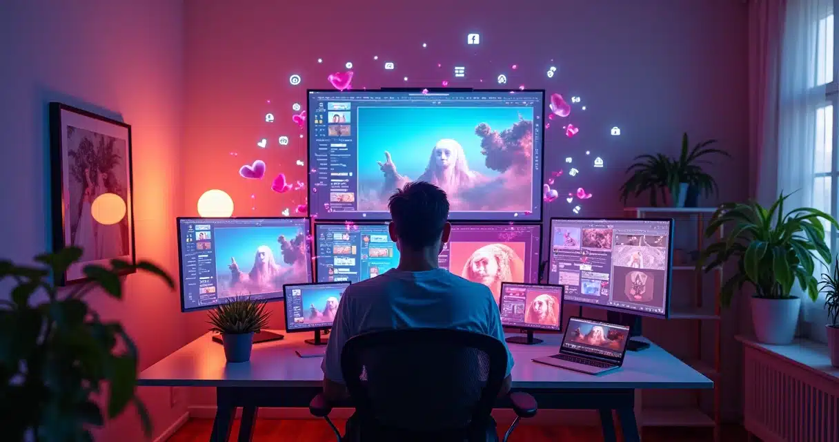 Criador solo gravando vídeos curtos coloridos em vários celulares