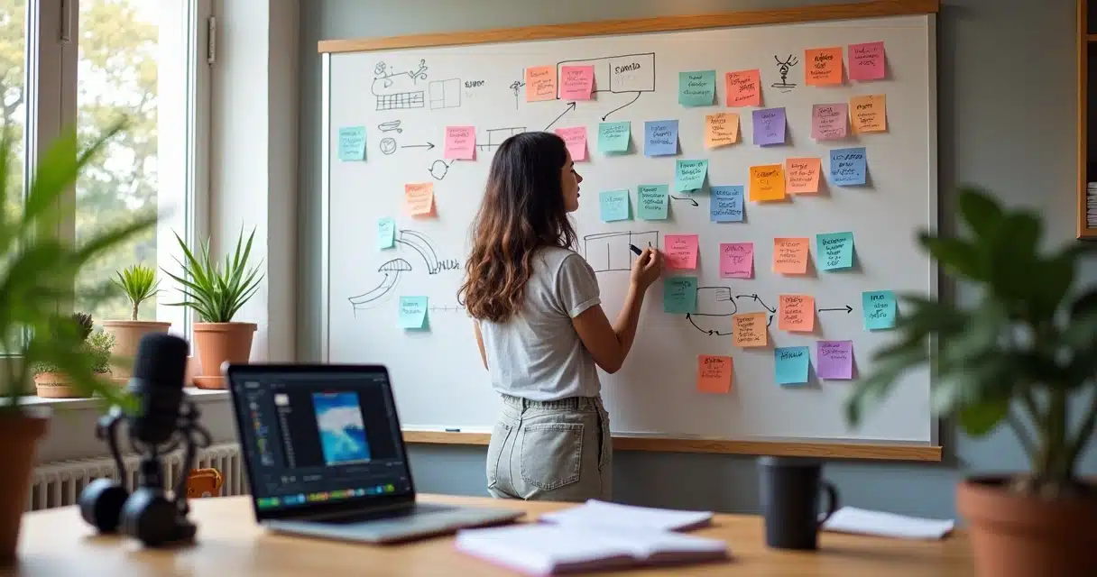 Criadora planejando conteúdo para redes sociais em quadro colorido