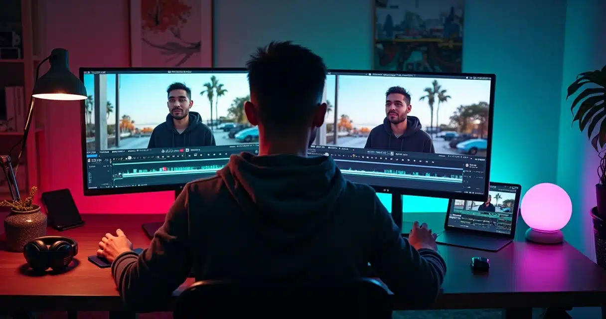 Editor de vídeo em frente a dois monitores comparando corte bruto e edição com IA