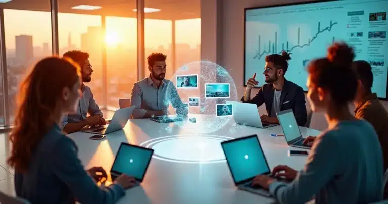 Equipe digital colaborando em mesa redonda com símbolo de inteligência artificial projetando diversos vídeos curtos verticais