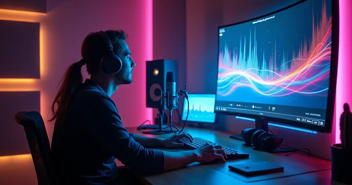 Estúdio de podcast moderno com holograma de inteligência artificial cortando ondas sonoras