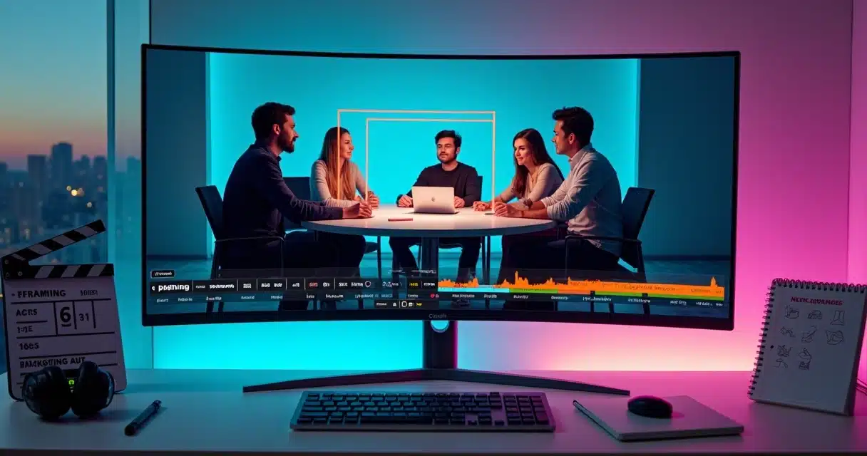 Tela grande exibindo videoconferência sendo reajustada em vários formatos de vídeo