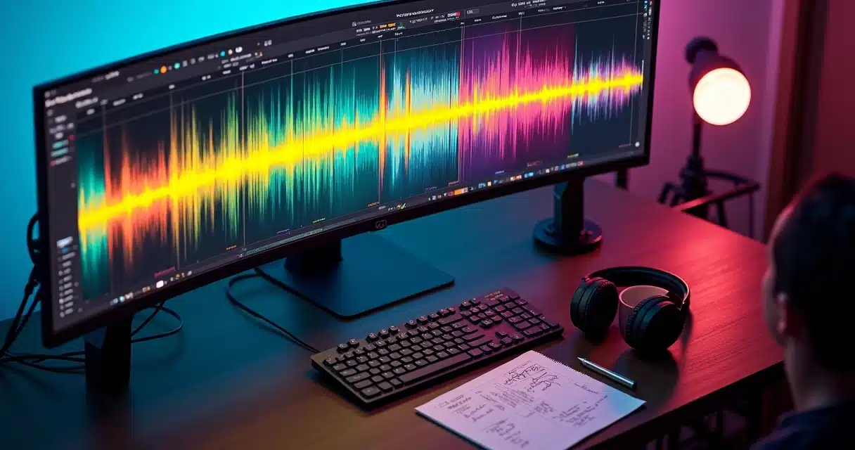 Forma de onda de áudio recortada em partes destacadas em ambiente de edição de podcast