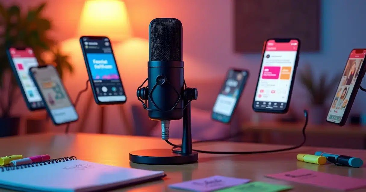 Microfone de podcast no centro cercado por telas de celular com interface do Instagram