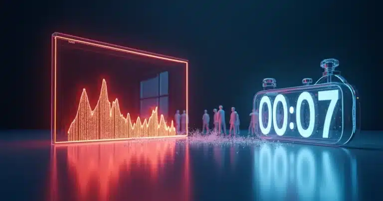 Gráfico de retenção de vídeo caindo rápido ao lado de relógio representando primeiros segundos