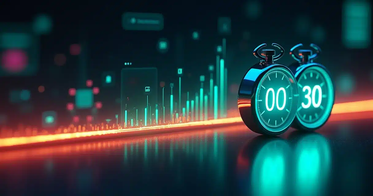 Painel com gráfico de retenção em queda ao lado de cronômetro em destaque