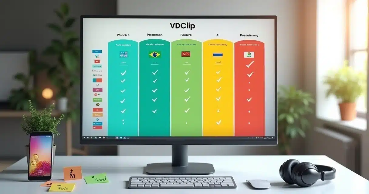 Painel comparando plataformas de edição de vídeo com IA em layout moderno