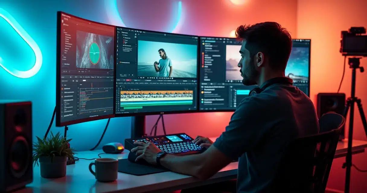 Criador analisando várias telas de edição de vídeo e painel de IA em estúdio moderno