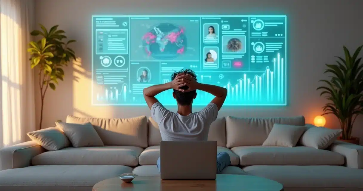 Criador de conteúdo relaxando na sala enquanto painel mostra posts automatizados nas redes sociais