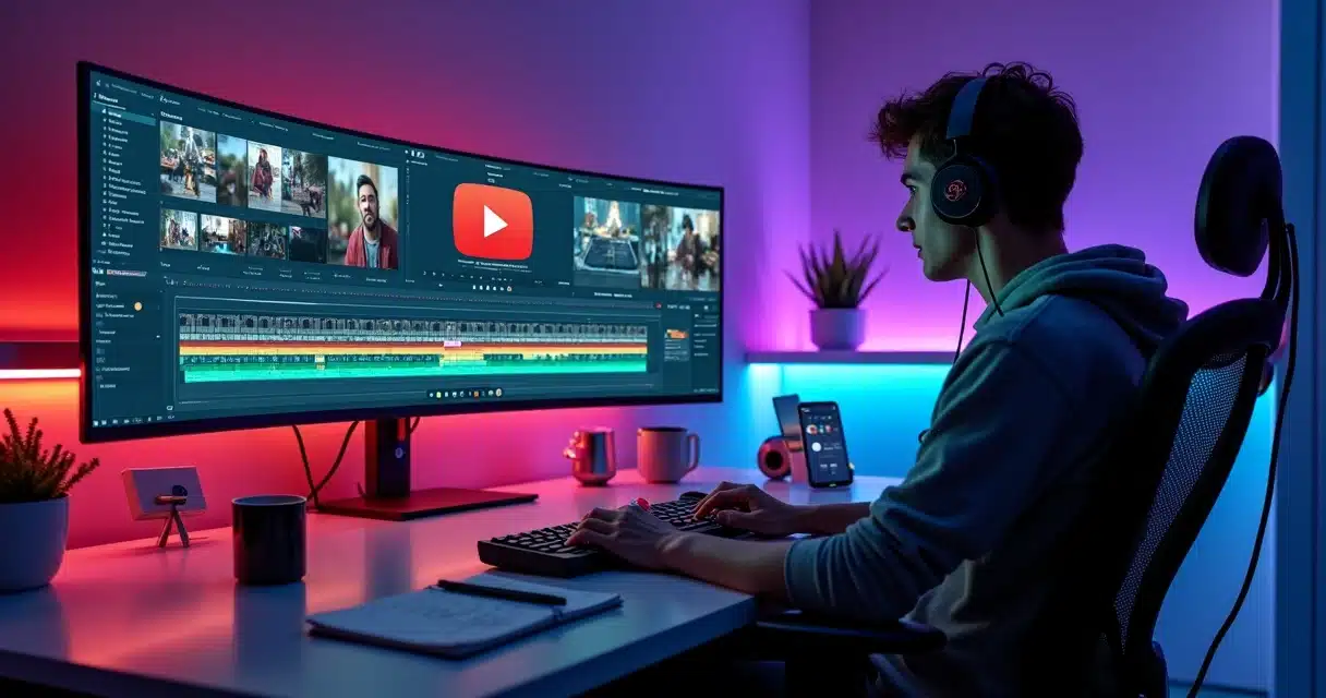Criador editando vídeo do YouTube em longa timeline com destaques coloridos