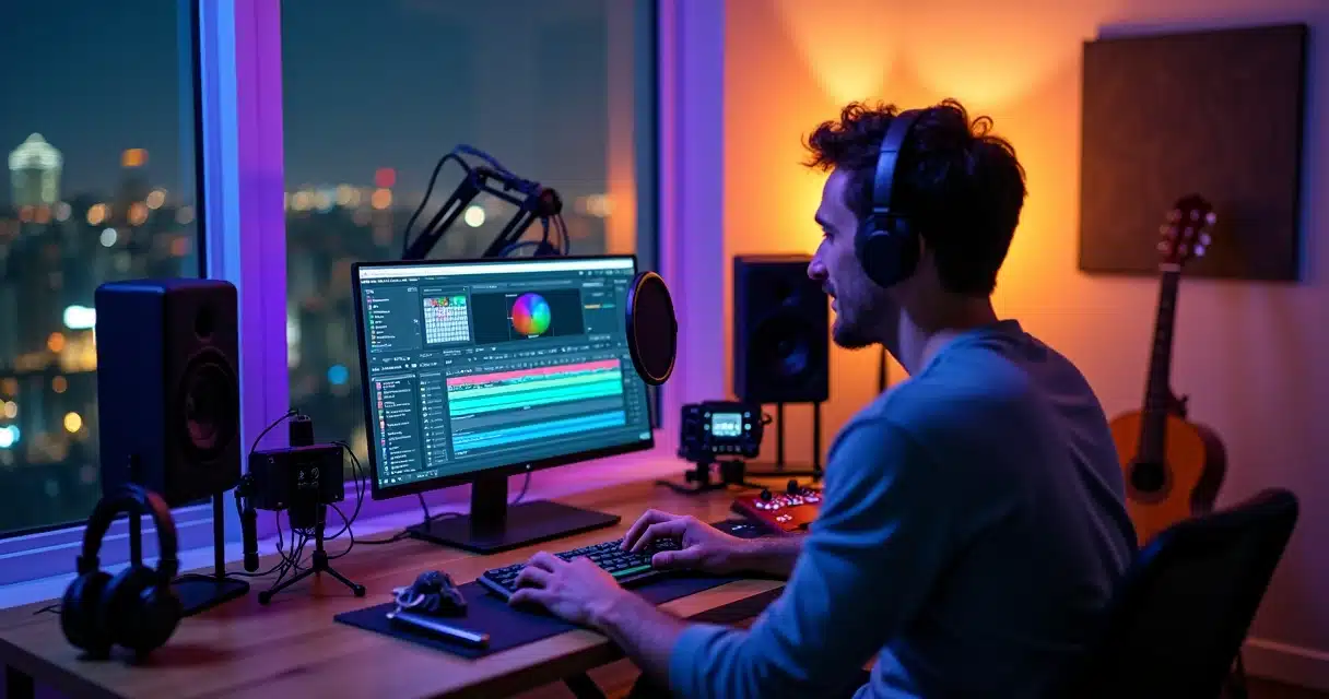 Músico em estúdio caseiro gravando áudio e vídeo no notebook com microfone profissional