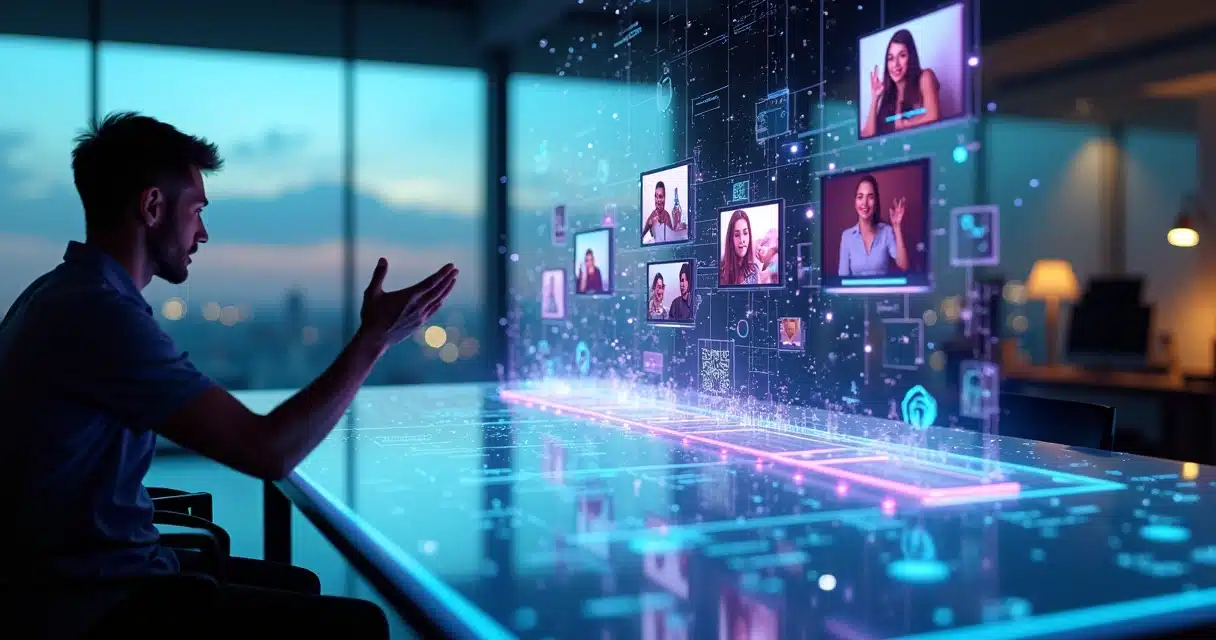 Sala futurista com painéis holográficos exibindo vídeos longos sendo cortados em clipes curtos