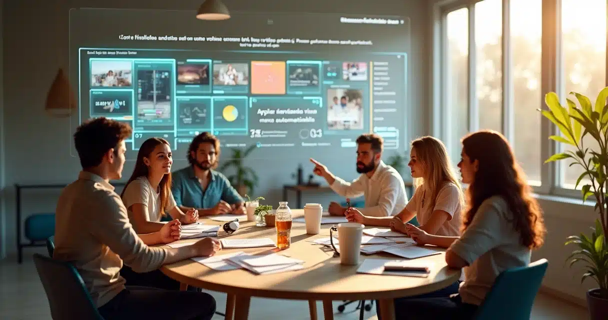Equipe de agência colaborando em mesa com painéis de IA de edição de vídeo flutuando ao redor.