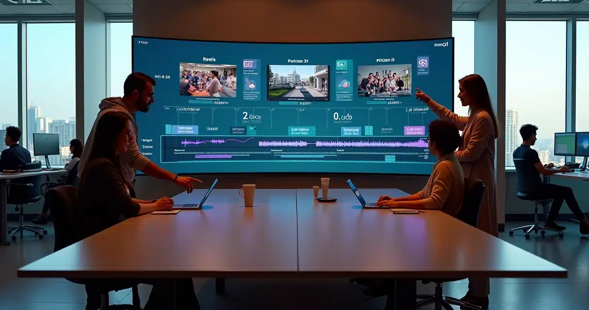 Equipe de agência social media analisando cortes de vídeos em painel gigante com gráficos e redes sociais