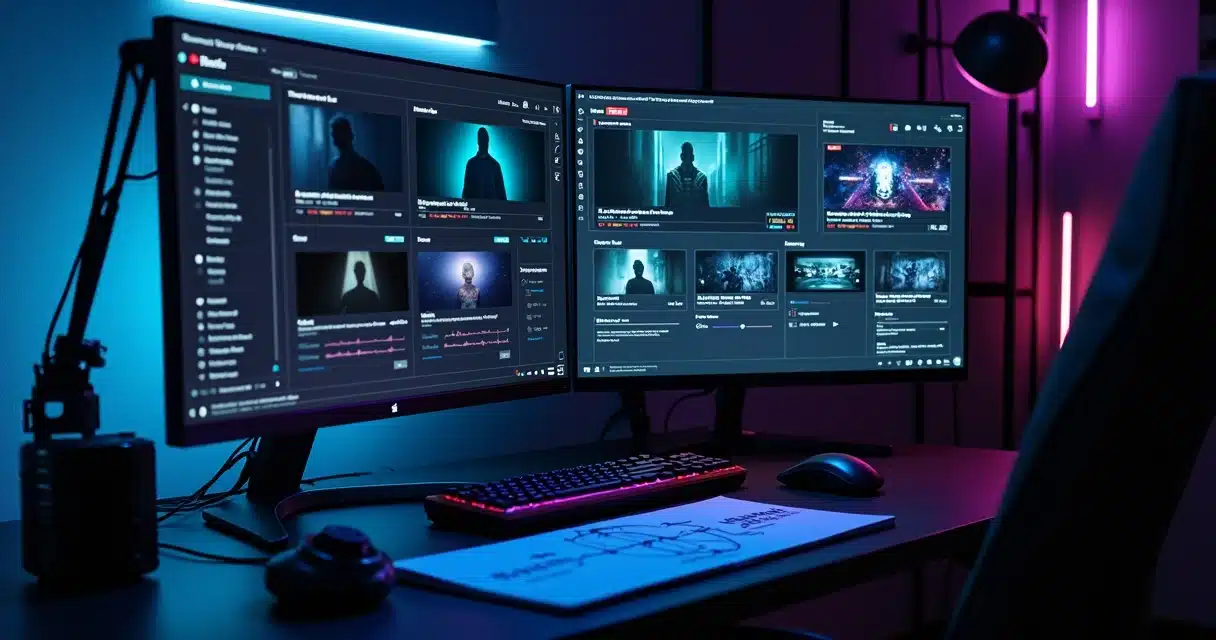 Interface de canal dark no YouTube em tela com ferramentas de IA e automação de vídeo em destaque