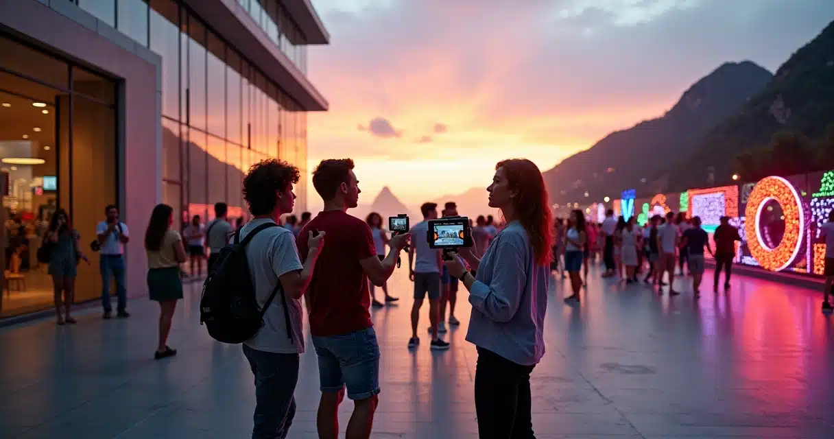 Criadores filmando palestrante em grande palco de tecnologia no Rio Web Summit
