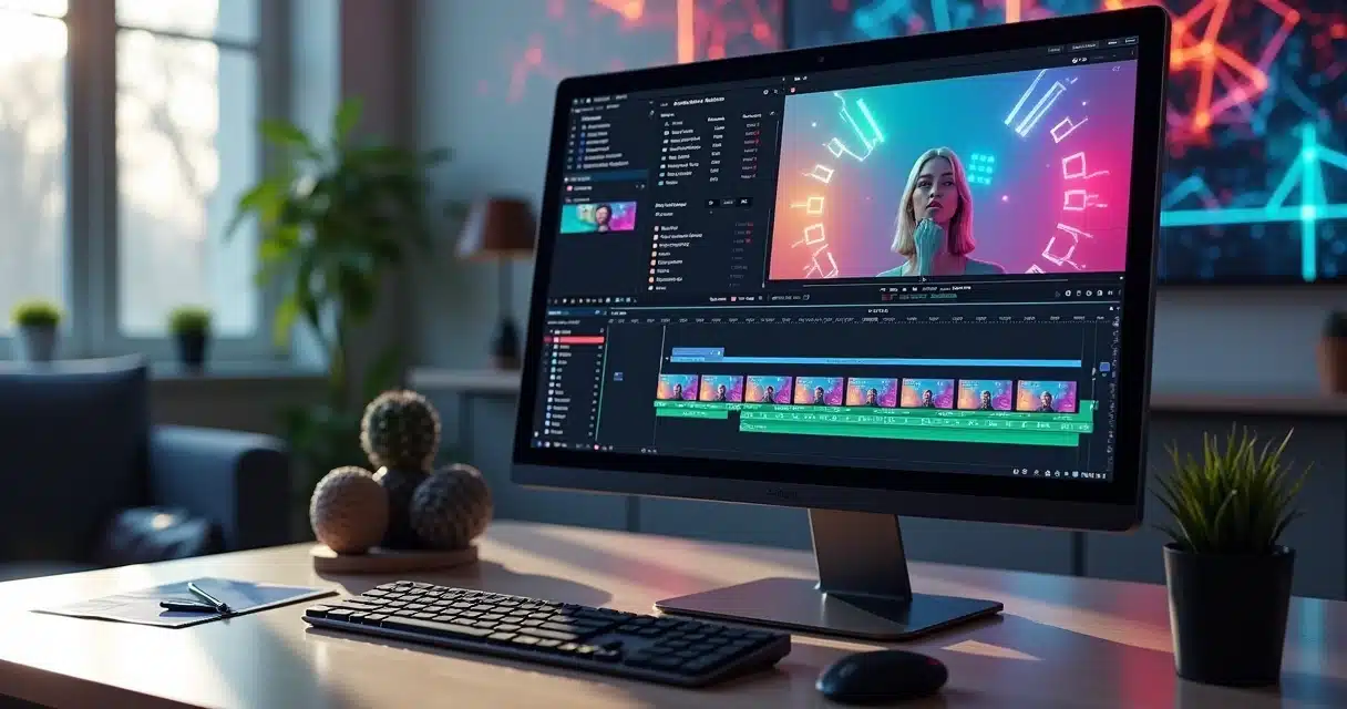 Computador exibindo software de edição de vídeo com cortes automáticos e timeline colorida na tela