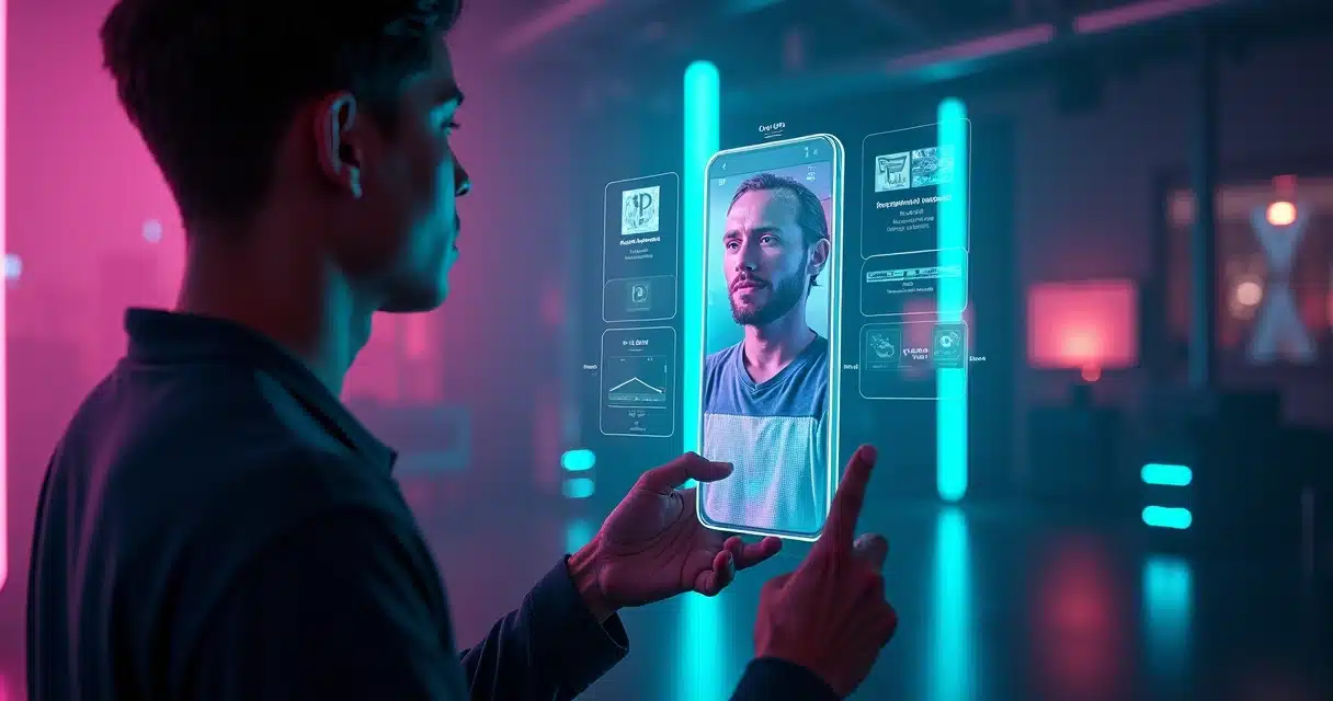 Criador ajustando vídeo horizontal para formato vertical 9:16 em tela holográfica de celular