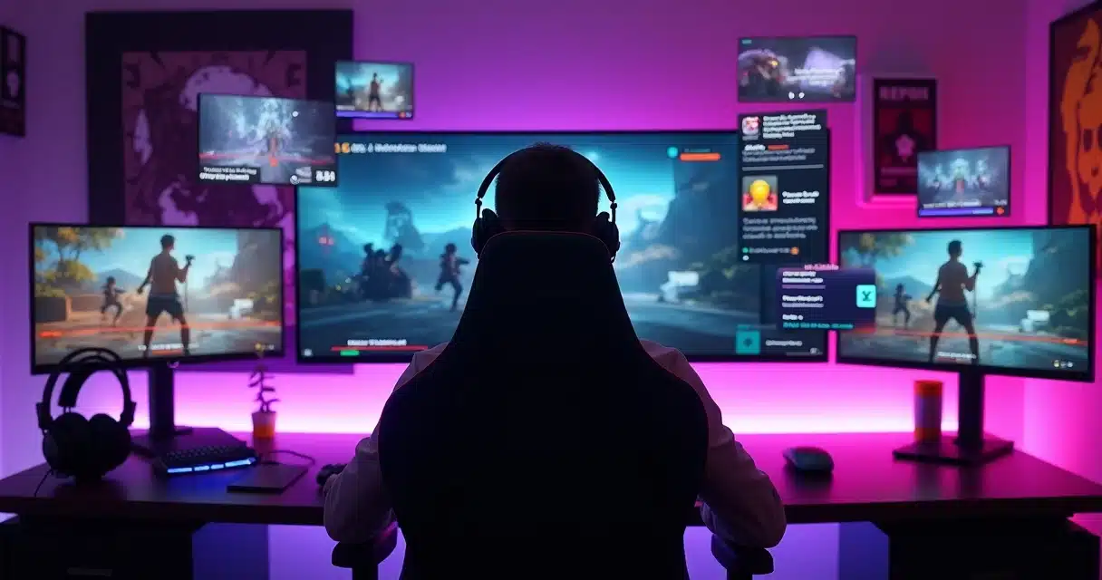 Streamer da Twitch em setup gamer vendo cortes curtos gerados por IA flutuando ao redor do monitor