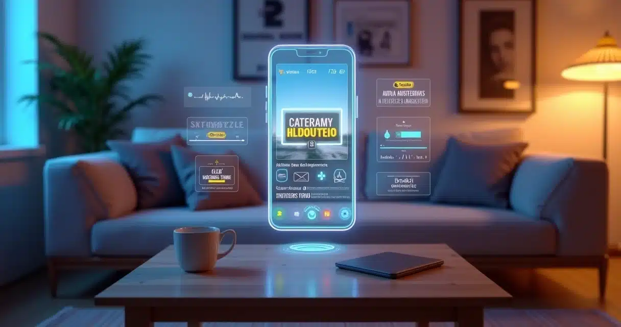 Interface holográfica de IA criando legendas automáticas em português para vídeo vertical