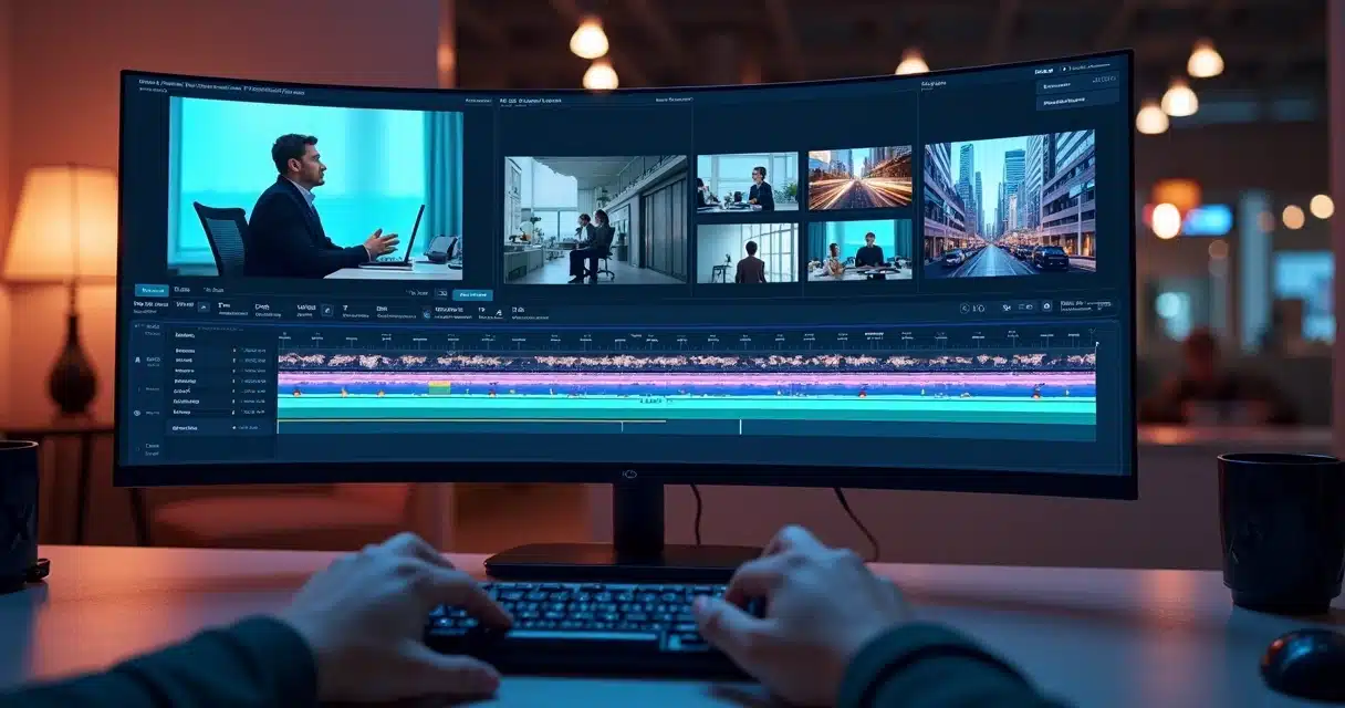 Linha do tempo de vídeo com tela dividida mostrando b-roll automático sugerido por IA