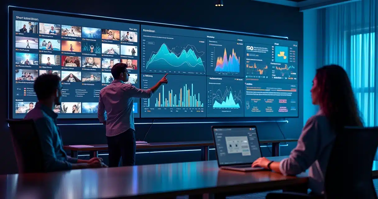 Dashboard com métricas de vídeos curtos e gráficos em grande tela