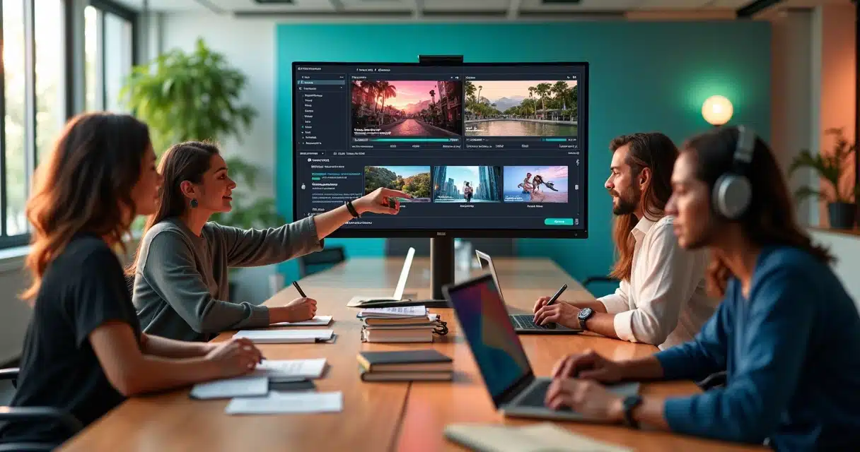 Equipe de agência em mesa grande revisando painel com diversos vídeos curtos legendados
