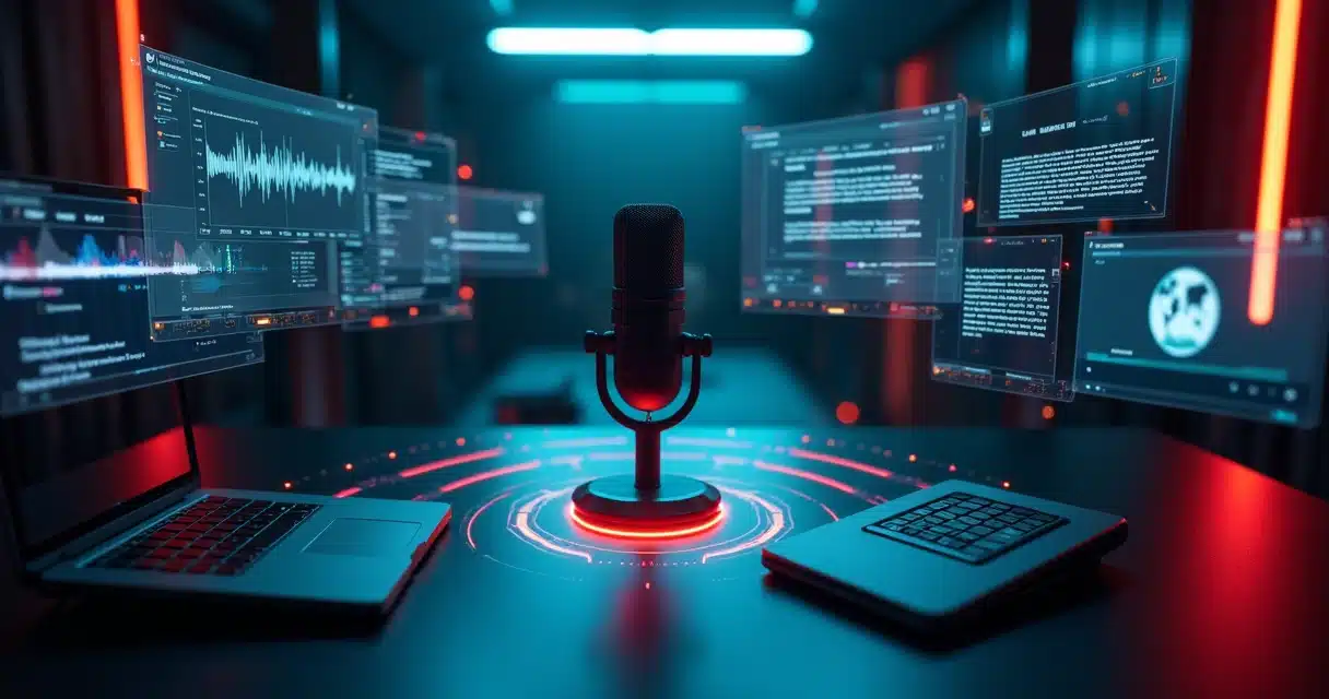 Painel de automações de podcast com fluxo de trabalho em telas flutuantes
