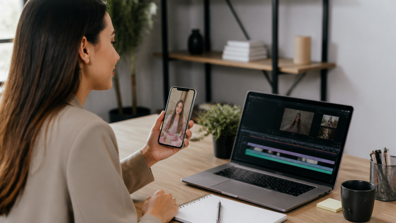 Criadora de conteúdo planejando e editando vídeos curtos para Reels em um ambiente de trabalho.