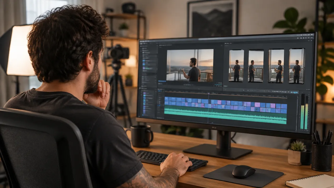 Criador de conteúdo organizando uma gravação longa em clipes verticais numa linha do tempo de edição