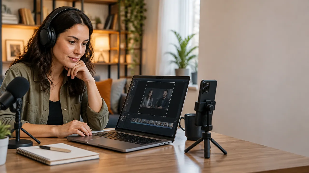 Criadora de conteúdo revisa uma gravação no laptop para selecionar vídeos curtos para redes sociais