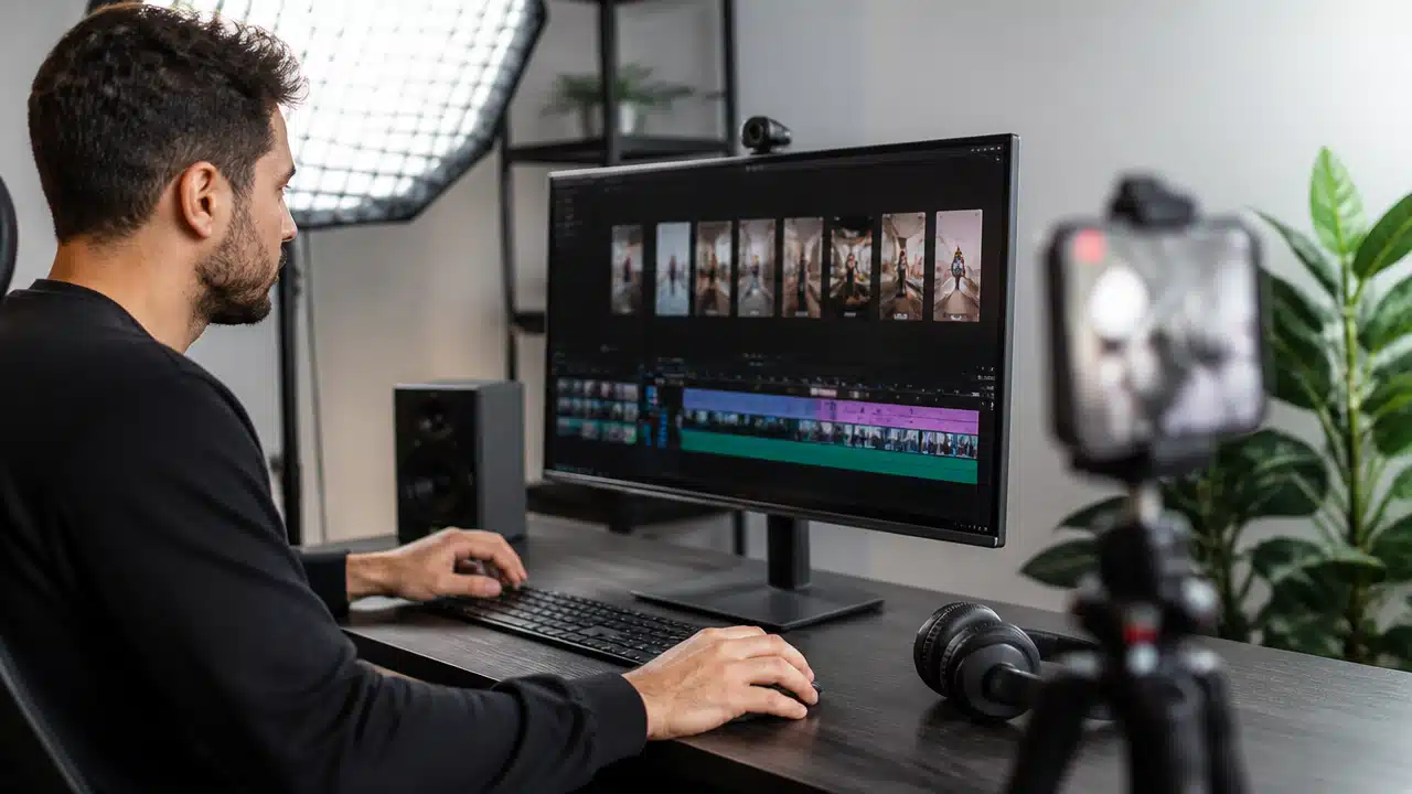 Editor de vídeo preparando cortes curtos a partir de um conteúdo longo em estúdio profissional