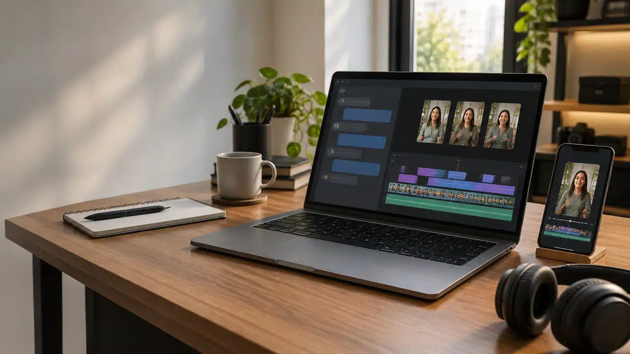 Mesa de criação com notebook exibindo uma linha do tempo de vídeo e clipes verticais legendados, representando a integração de um agente de IA ao fluxo de edição