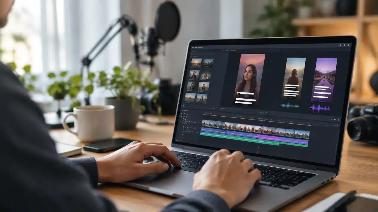 Pessoa revisando em um laptop clipes verticais gerados a partir de uma gravação longa